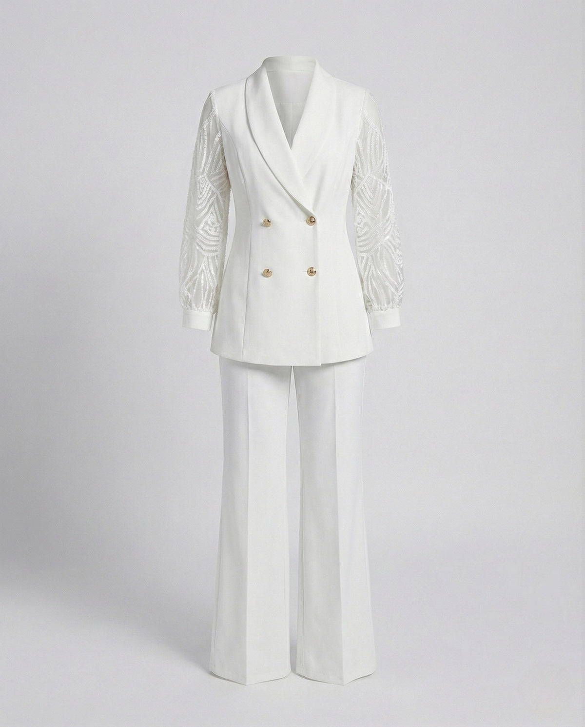 Women's Elegant Pant Suit with Shawl Collar and Lace Sleeves - product shot