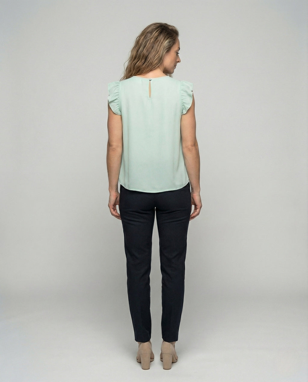 Women Sleeveless Silk Look Blouse Top with Ruffles - back view