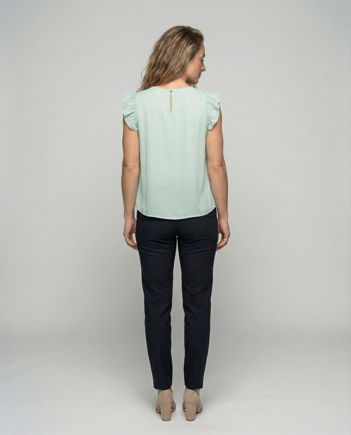 Women Sleeveless Silk Look Blouse Top with Ruffles - back view