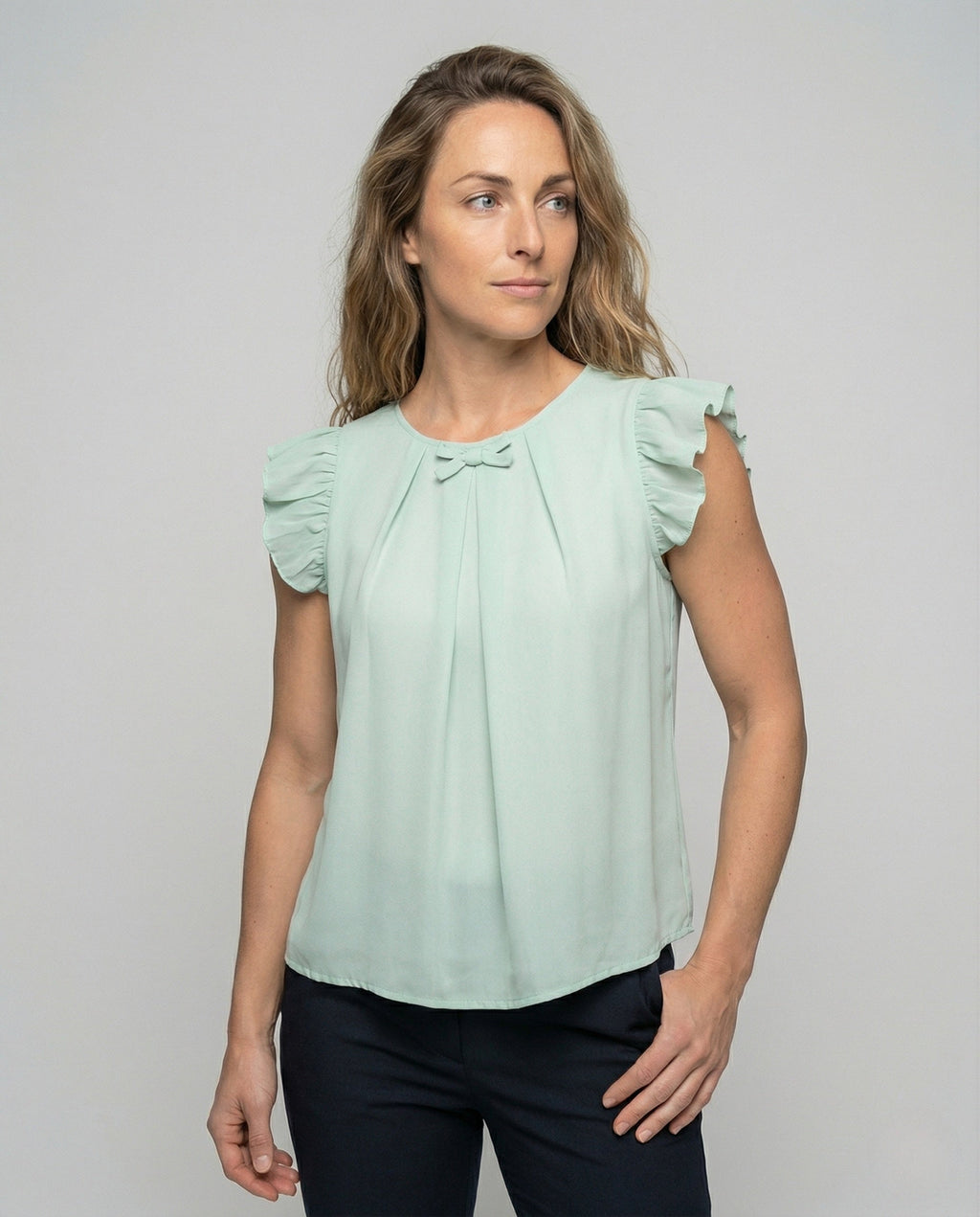Women Sleeveless Silk Look Blouse Top with Ruffles - upper body view