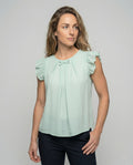 Women Sleeveless Silk Look Blouse Top with Ruffles - upper body view