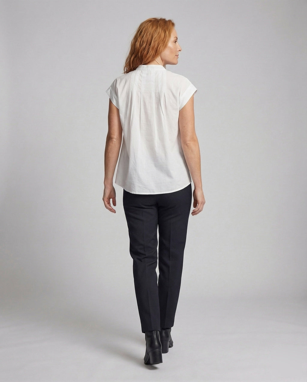 Women's Short Sleeve Blouse Top with Stand Collar - back view