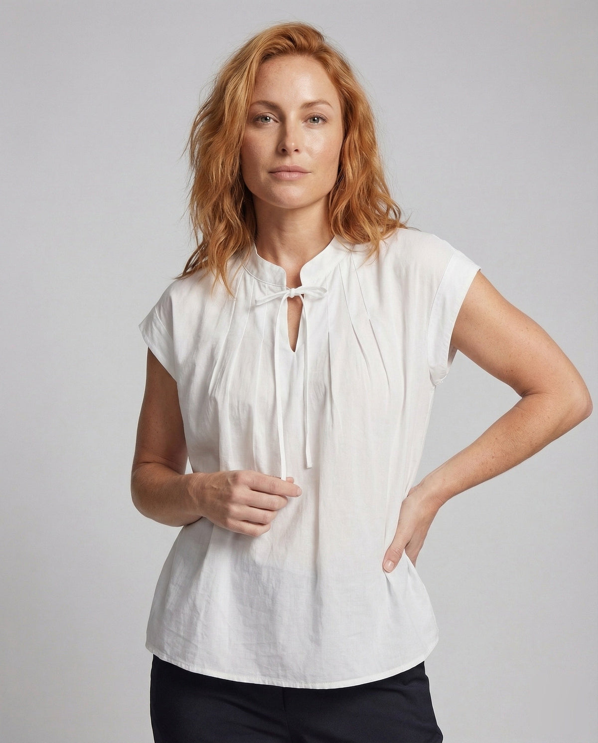 Women's Short Sleeve Blouse Top with Stand Collar - upper body view