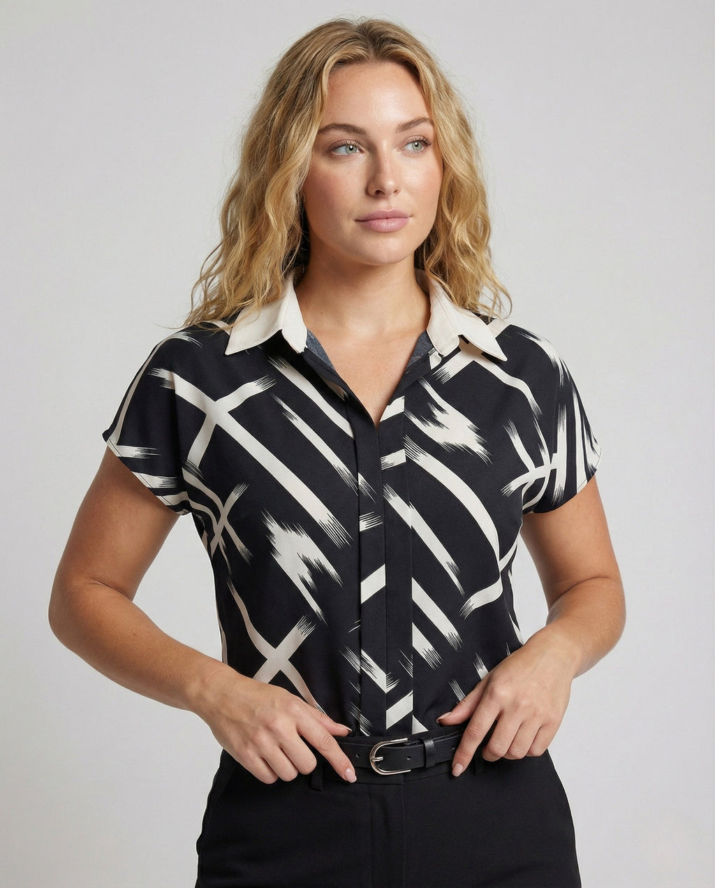 Women's Silk Imitation Blouse Shirt with Print - upper body view
