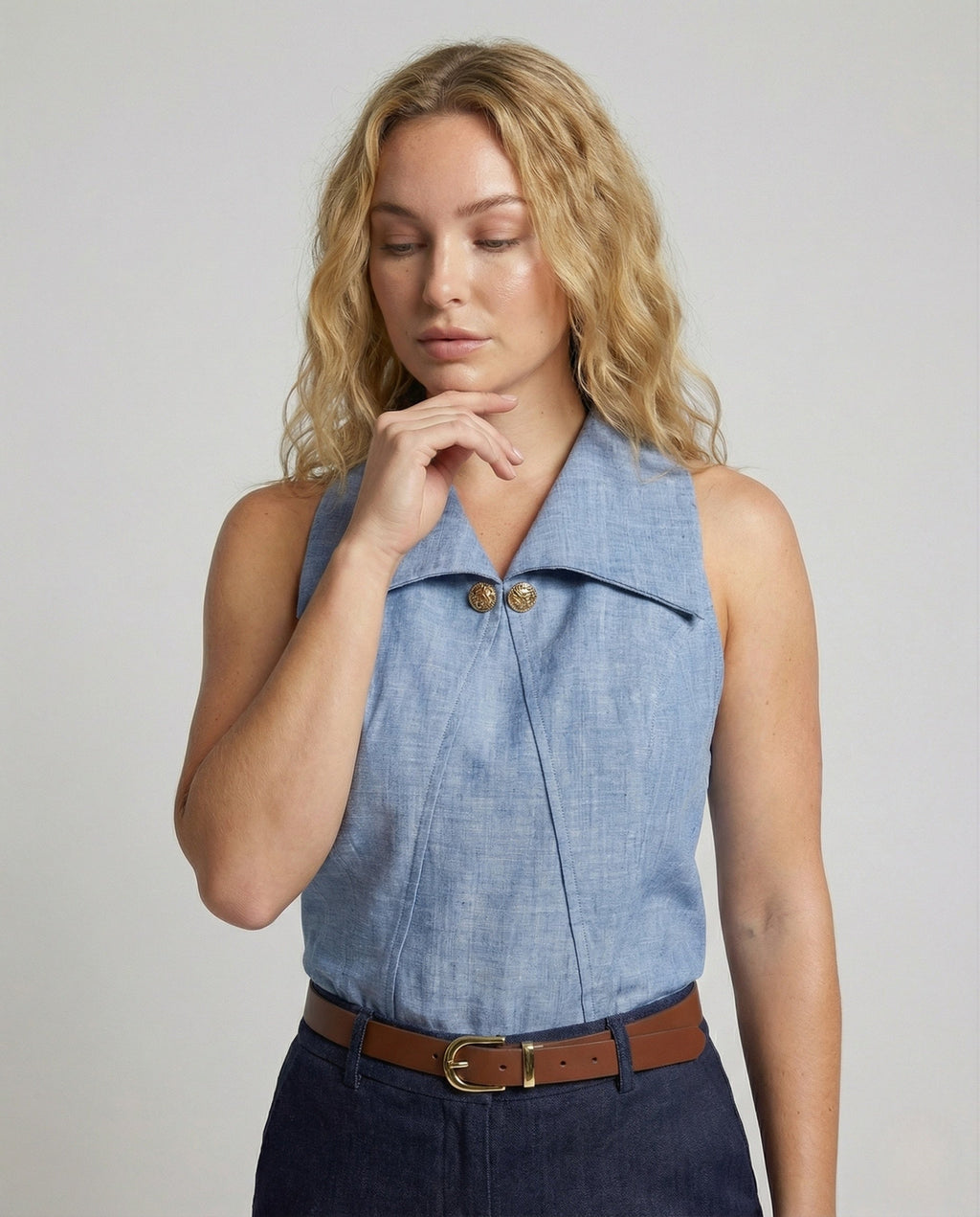 Women's Chambray Blouse Top with Lapel Collar - upper body view