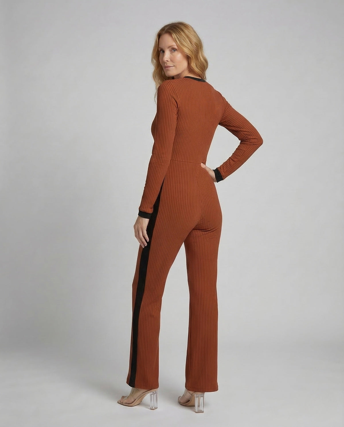 Women Ribbed Jumpsuit Flared Pants - back view