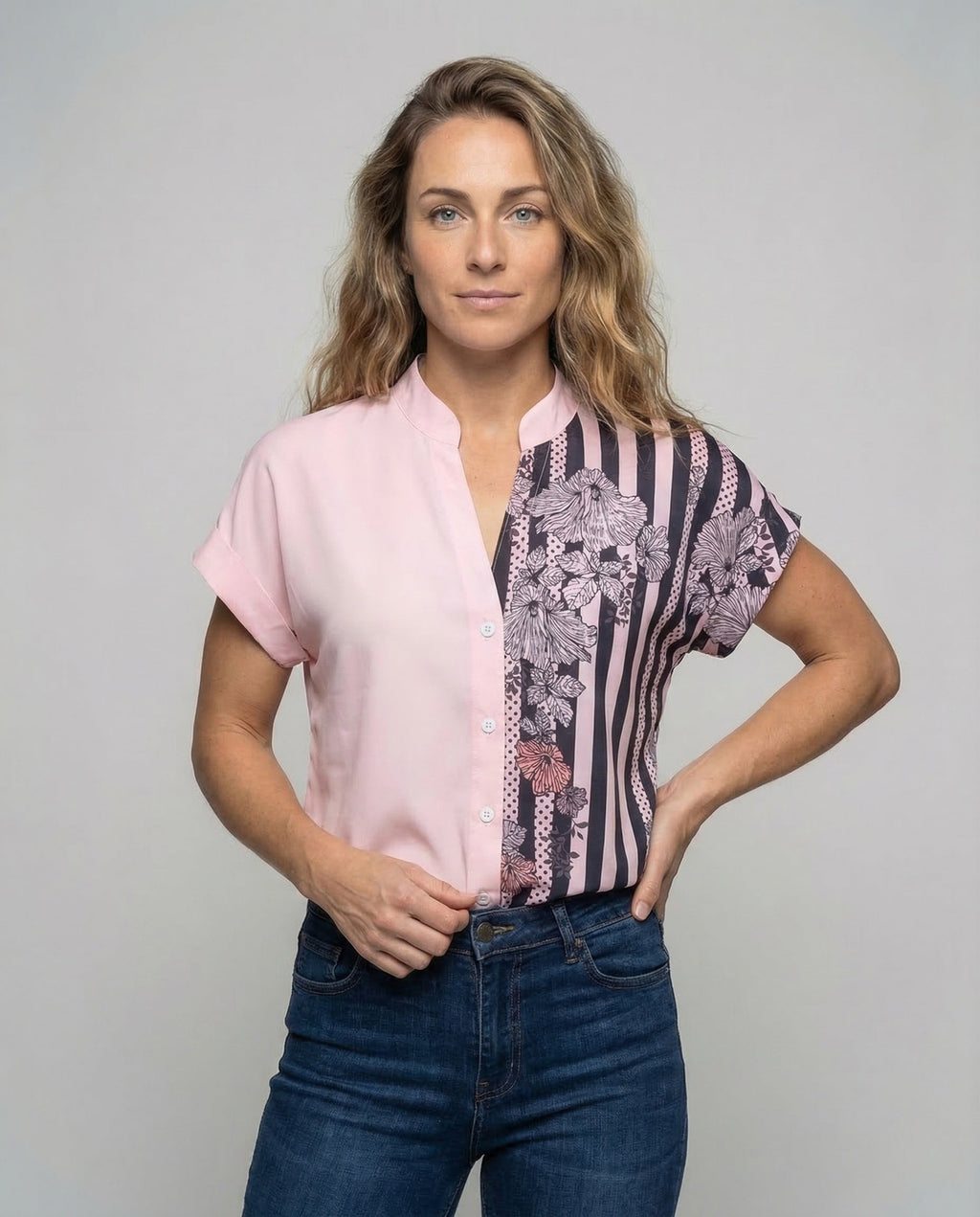 Women Blouse Shirt Stand Collar Floral Print - upper body view