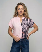 Women Blouse Shirt Stand Collar Floral Print - upper body view