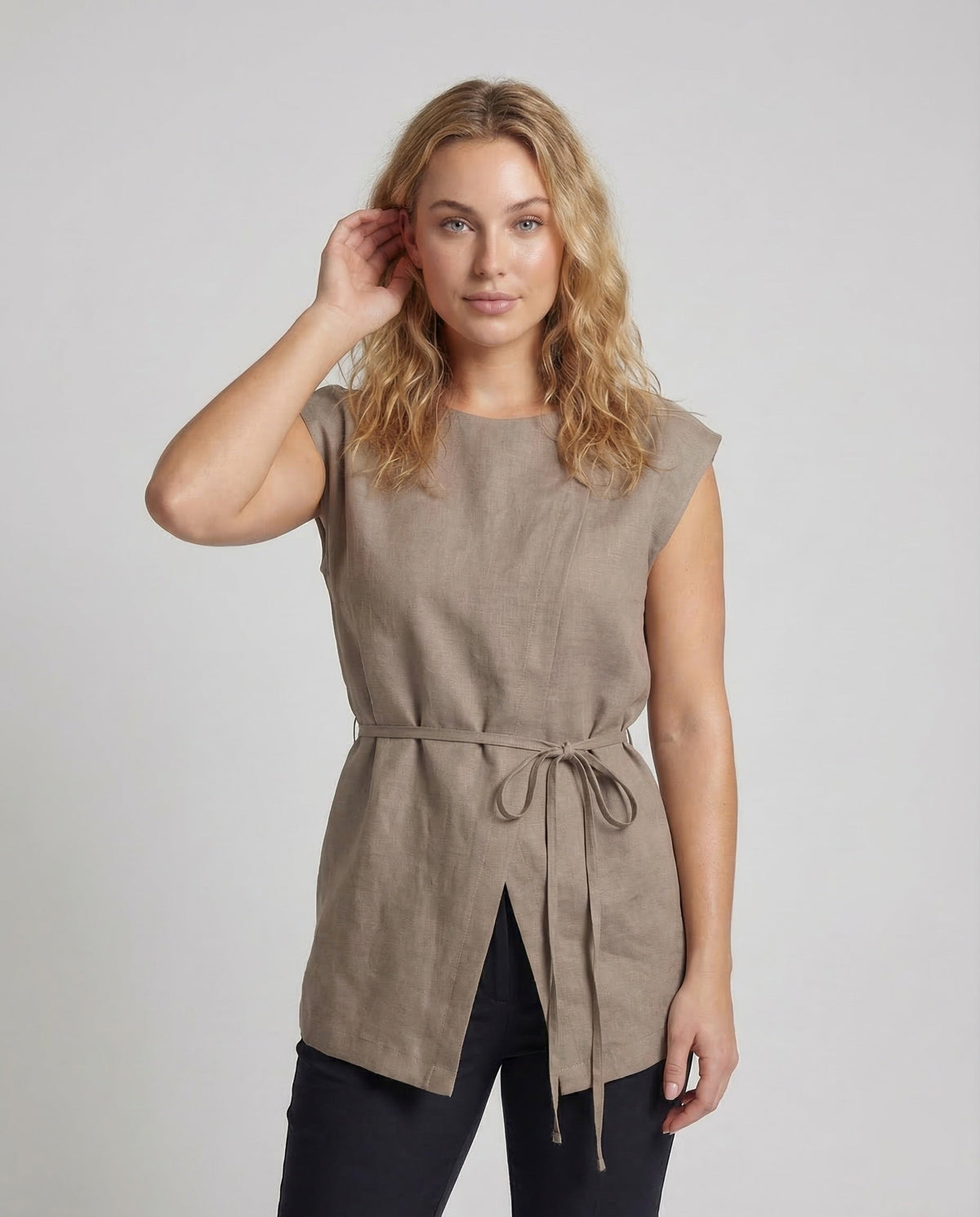 Women Sleeveless Blouse Tunic Waist Tie - upper body view