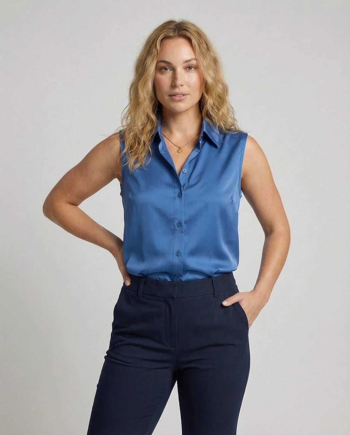 Ladies Sleeveless Satin Blouse Shirt - upper body view