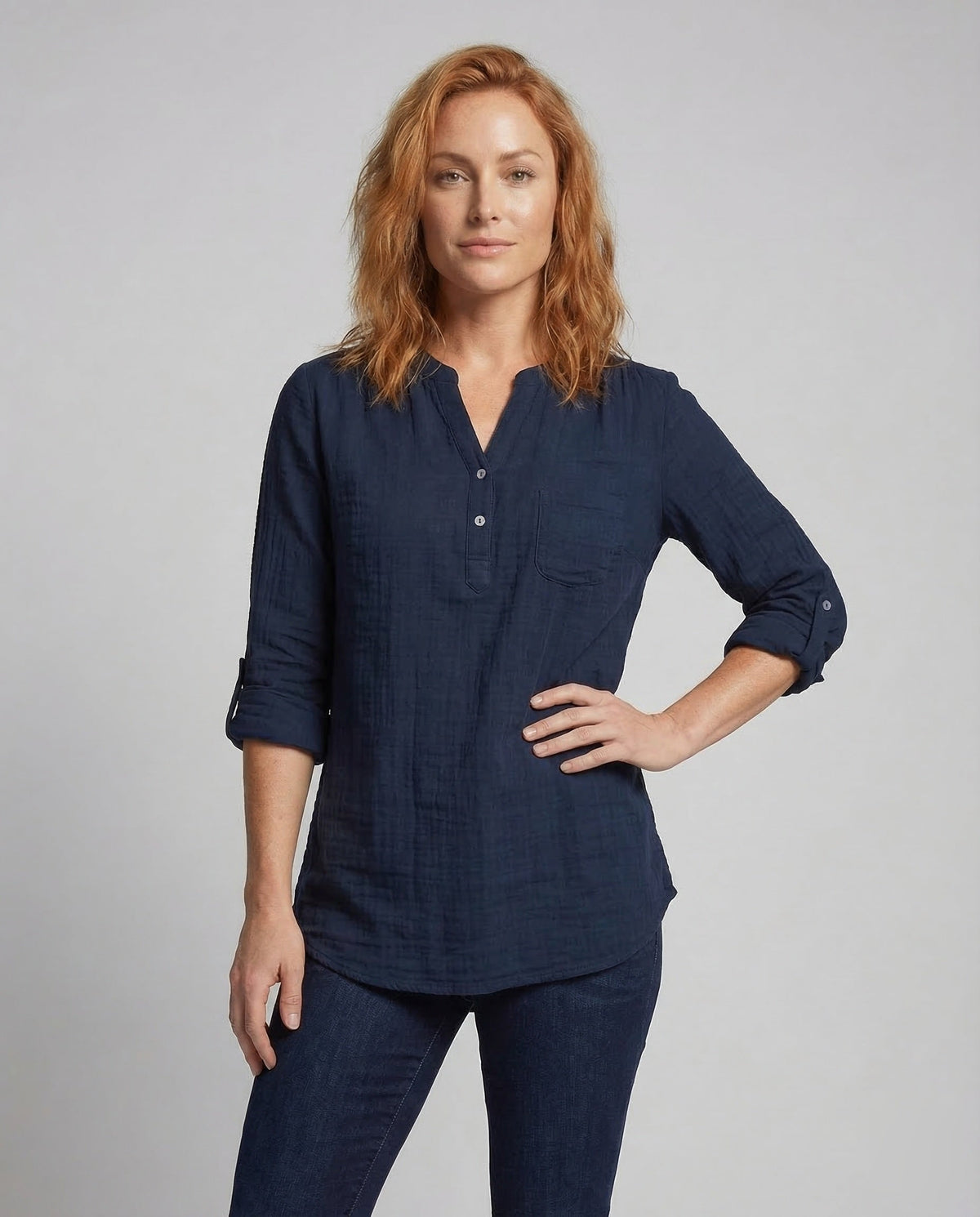 Women's Muslin Blouse Round Neck - upper body view