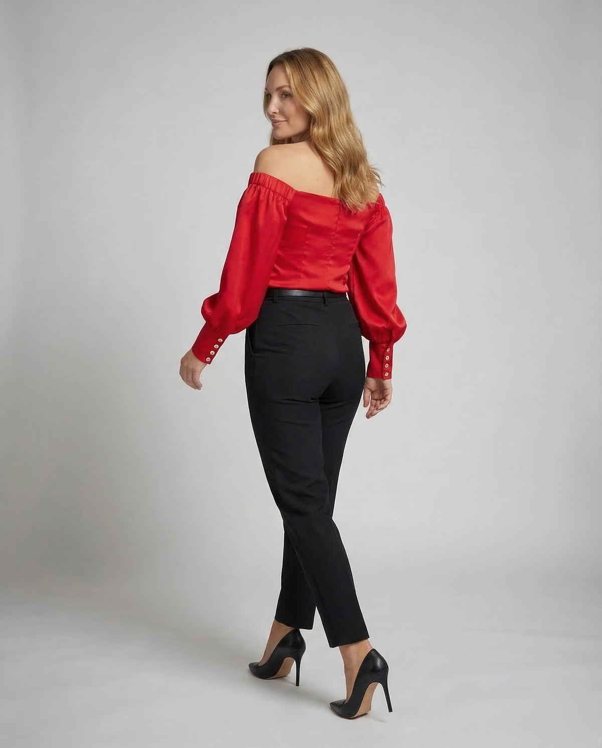 Women's Fitted Bustier Blouse Top Puff Sleeves - back view