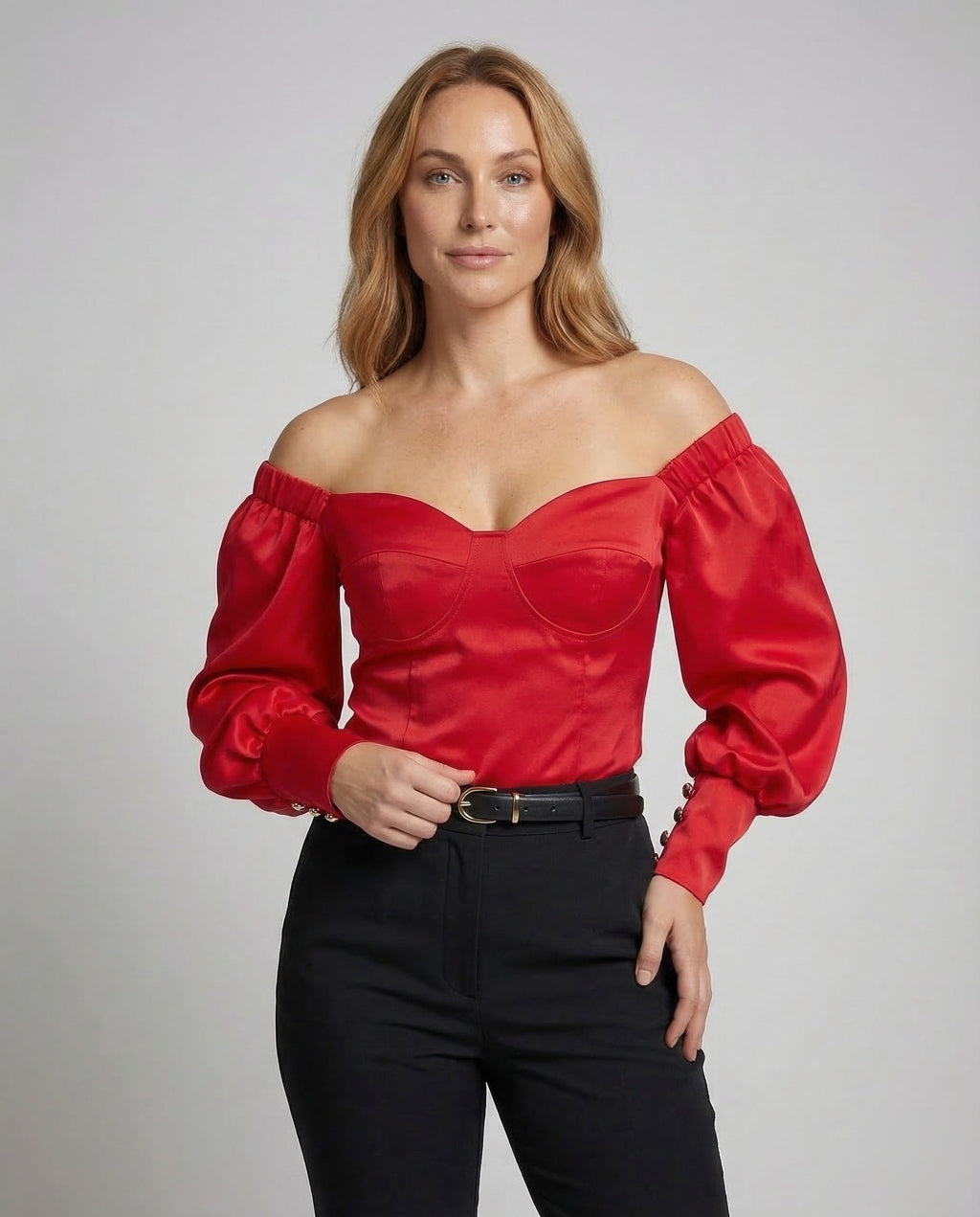 Women's Fitted Bustier Blouse Top Puff Sleeves - upper body view