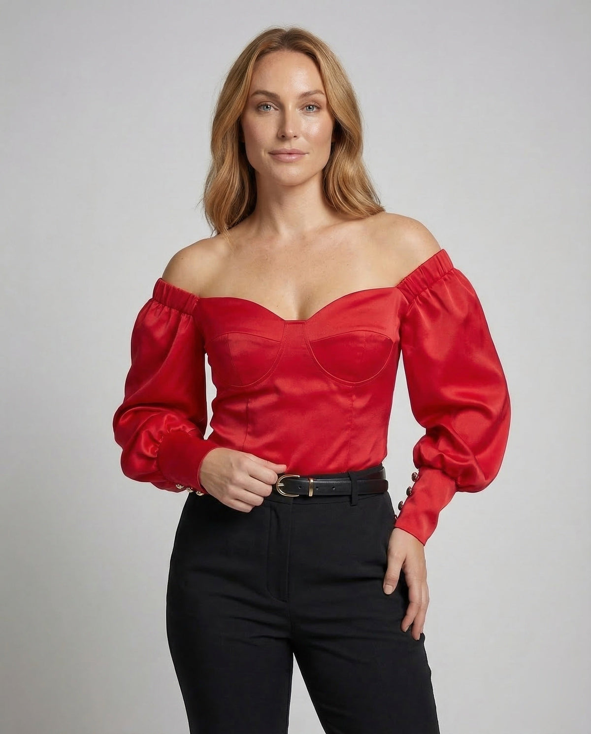 Women's Fitted Bustier Blouse Top Puff Sleeves - upper body view