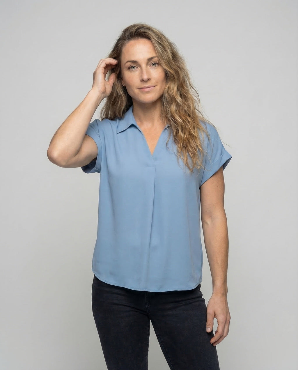 Women Stylish Blouse Top Waterfall Collar - upper body view