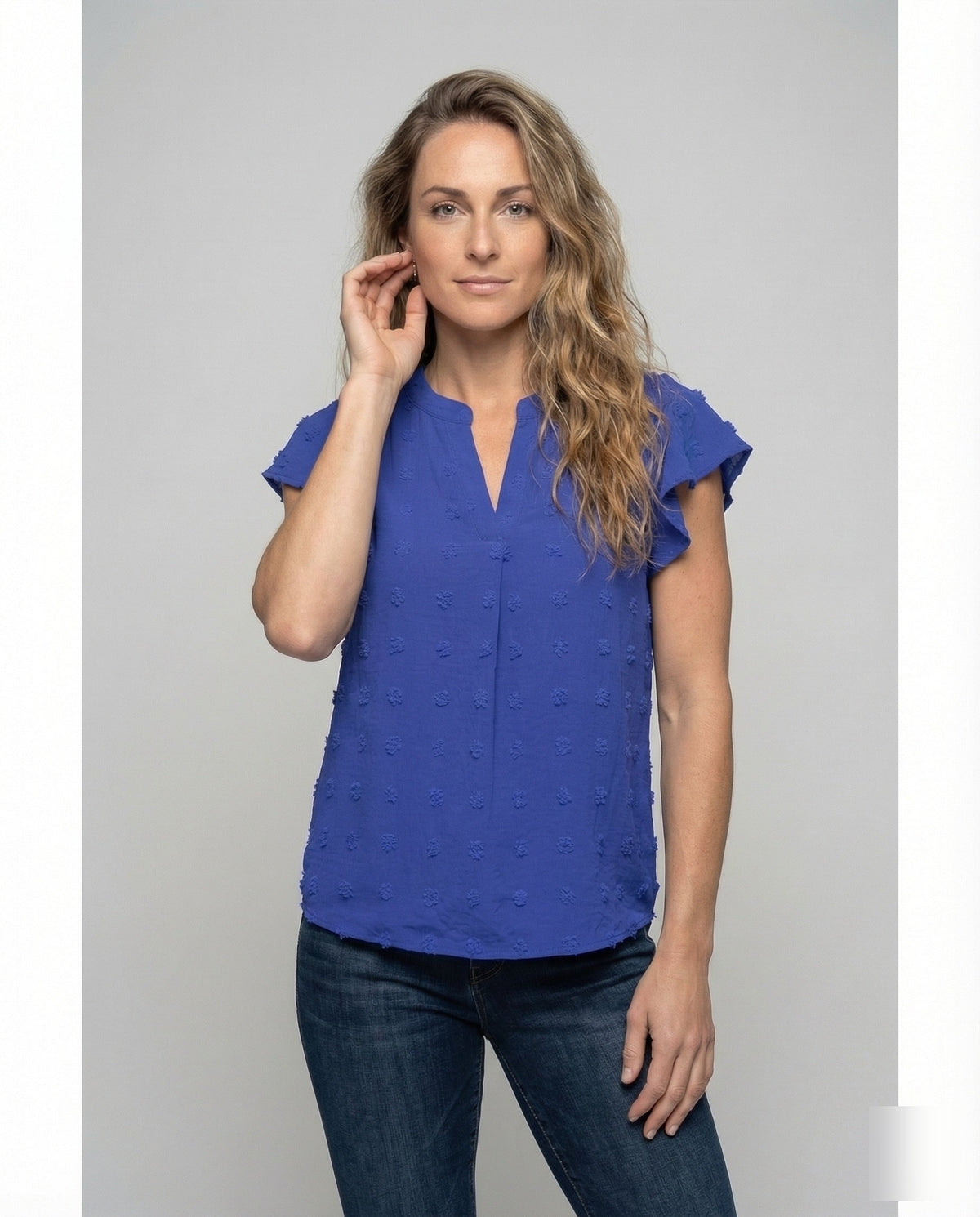 Women's Blouse Shirt Bubble Texture Ruffle Sleeves - upper body view