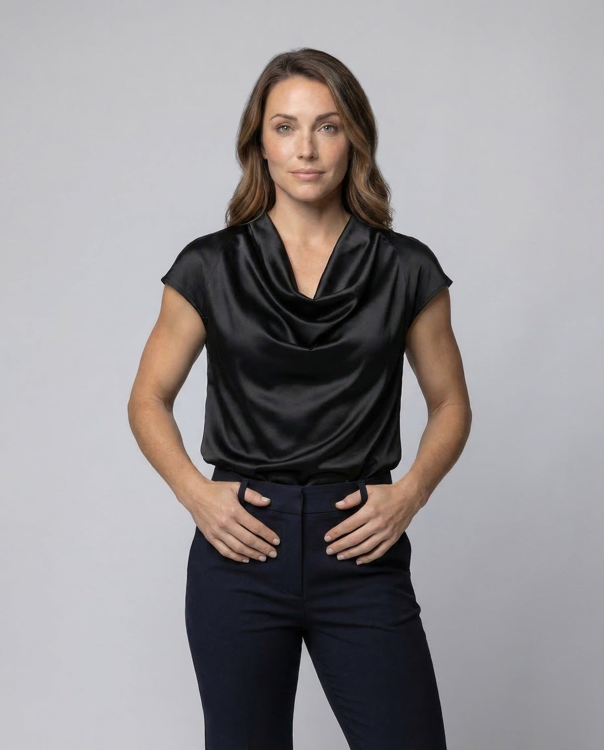 Women's Blouse Top Waterfall Neckline - upper body view