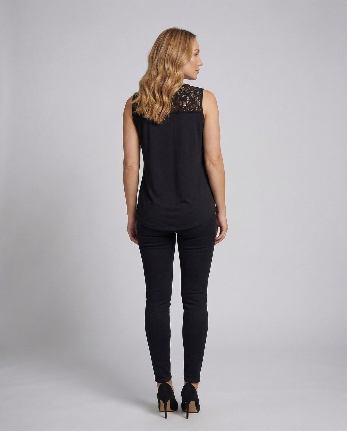Women Blouse Top Lace Yoke Pleats - back view