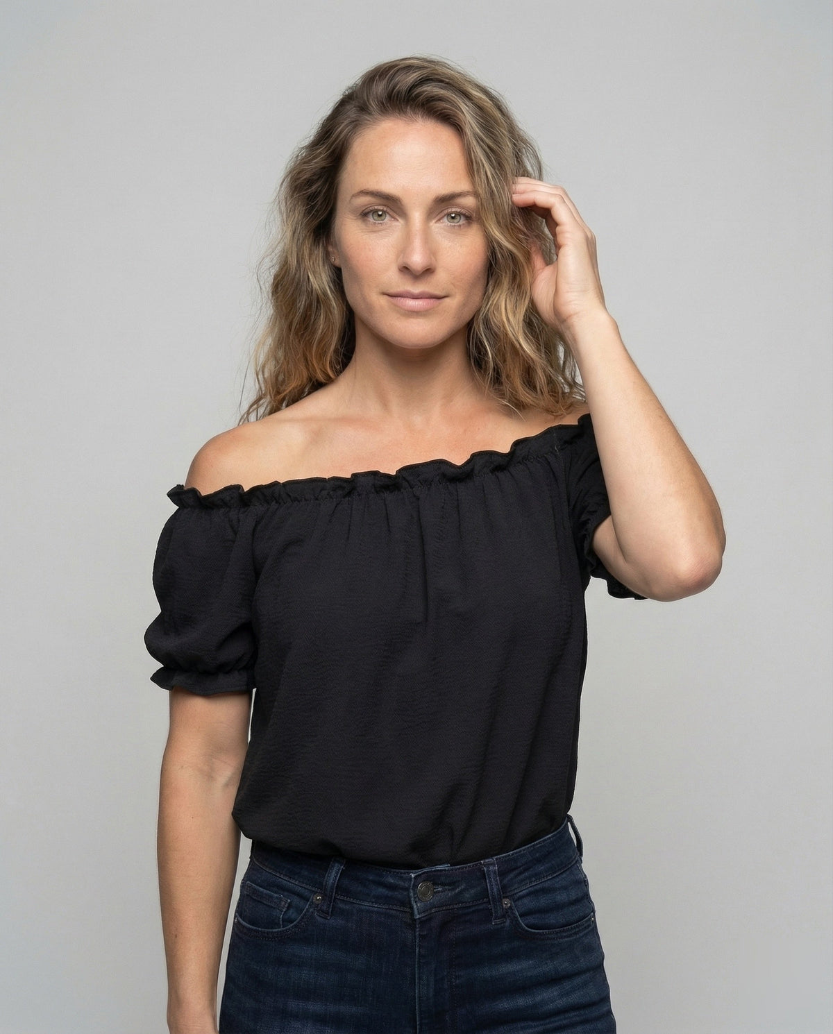Women's casual Carmen blouse top. - upper body view
