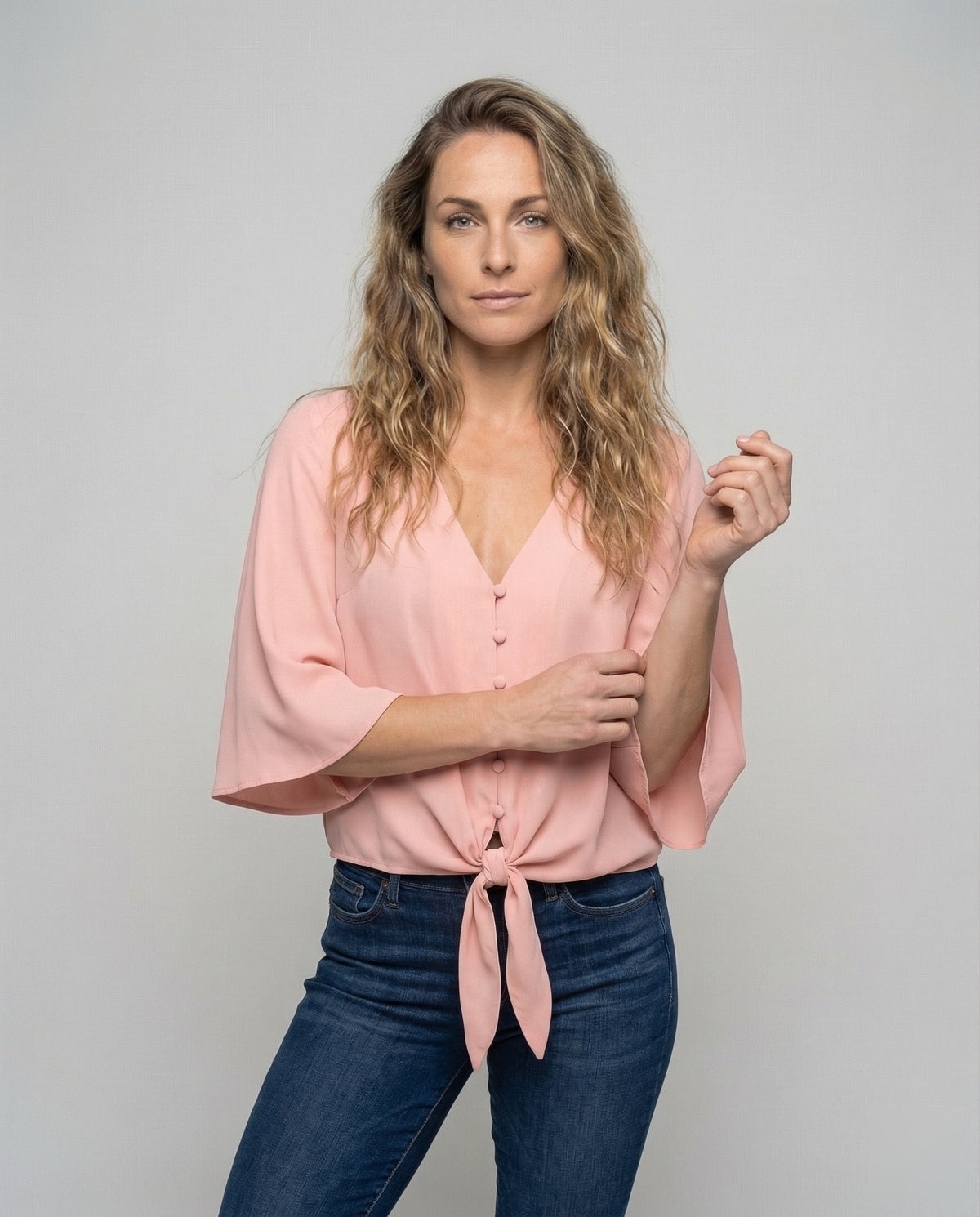 Women's casual blouse shirt with wing sleeves. - upper body view