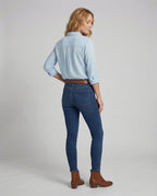 Women's blouse top with floral lace yoke and box pleats. - back view