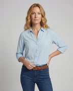 Women's blouse top with floral lace yoke and box pleats. - upper body view