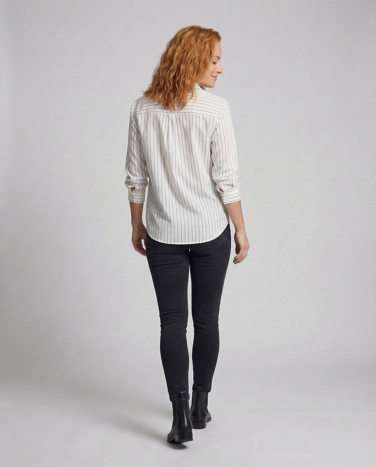 Women's blouse top in satin look with V-neck and cap sleeves. - back view