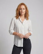 Women's blouse top in satin look with V-neck and cap sleeves. - upper body view