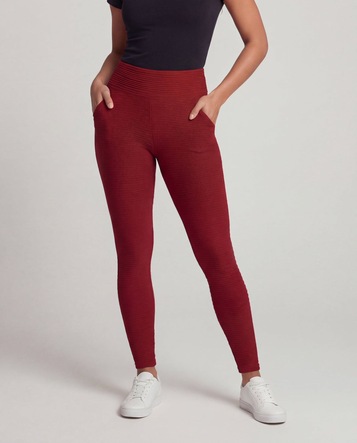 Women's high-waisted textured leggings with butt ruching - lower body view