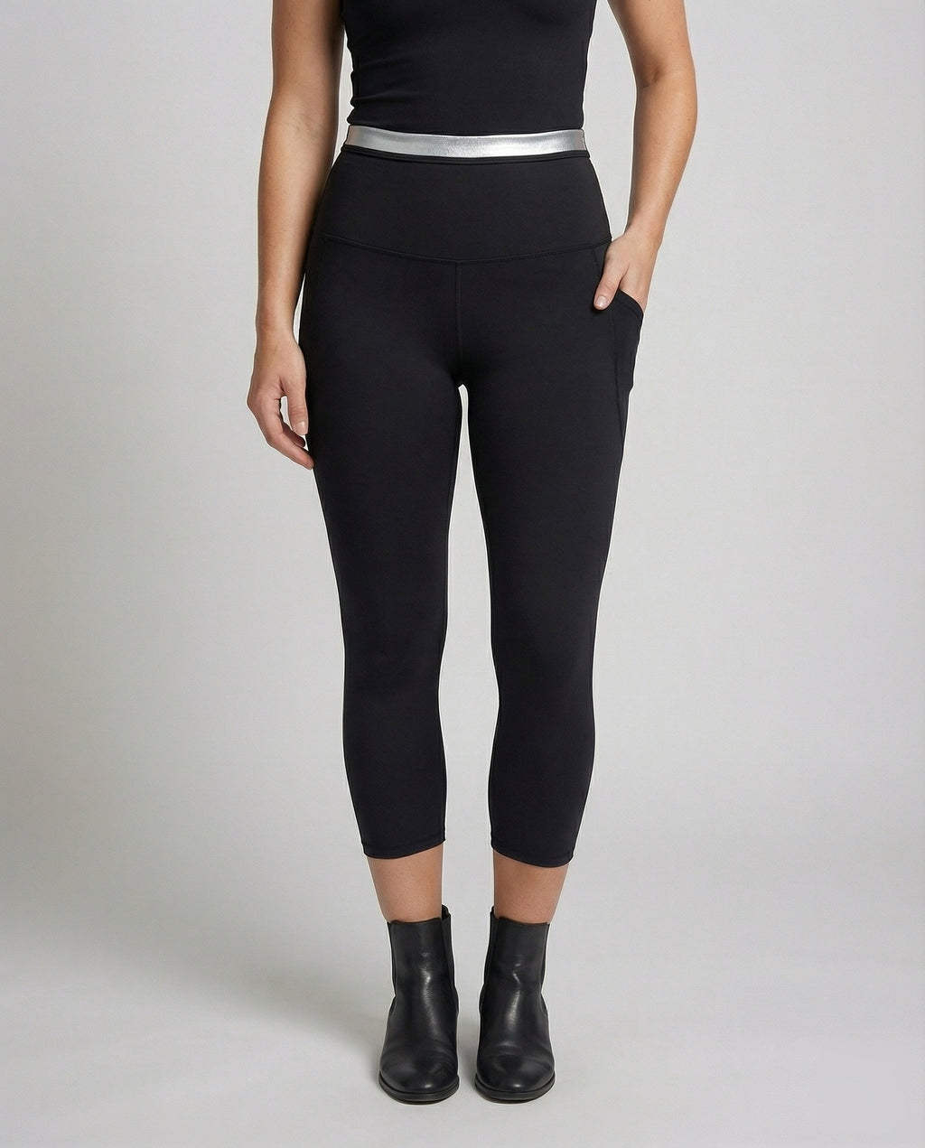 Women high-cut capri leggings with support waistband - lower body view