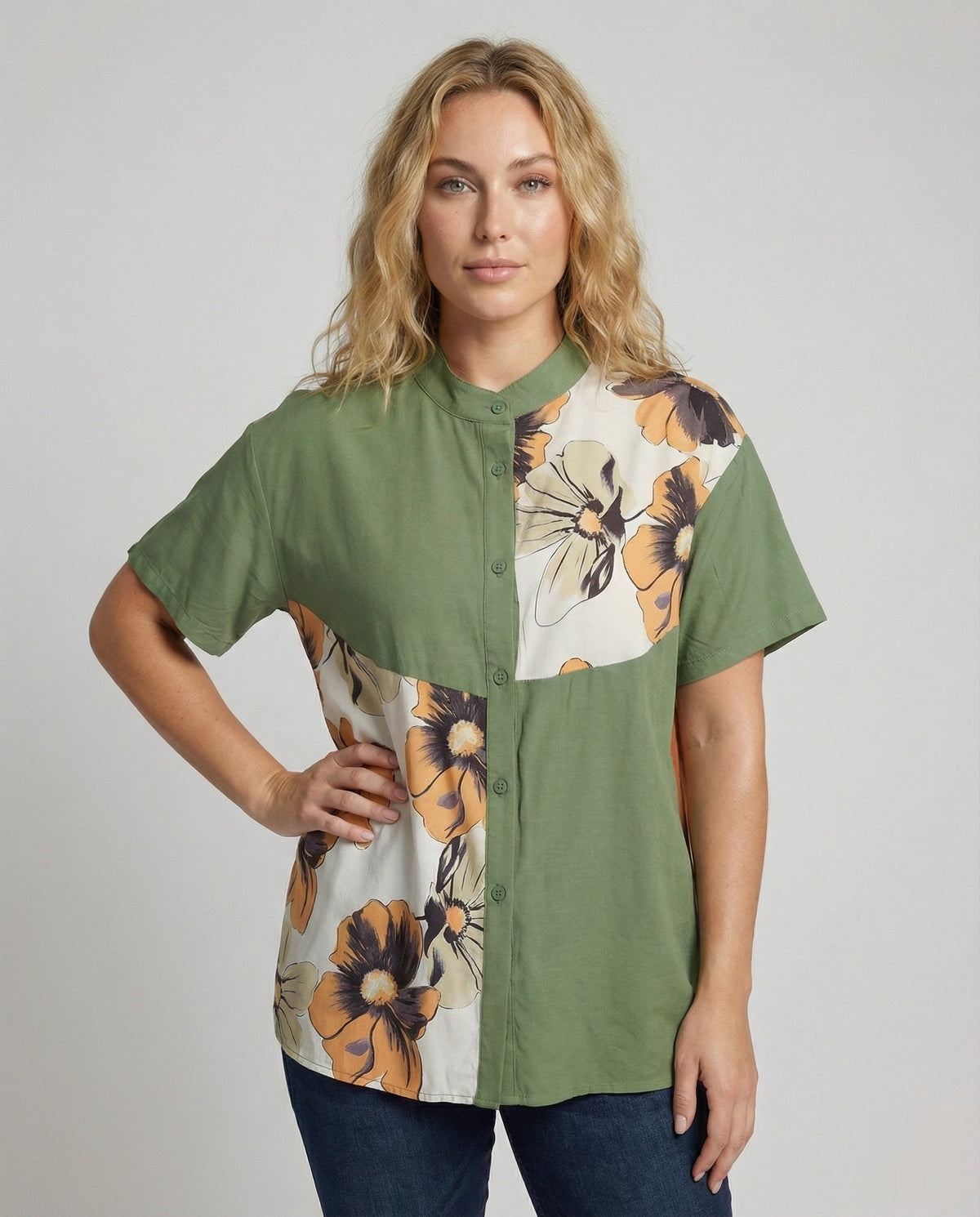 Women's Blouse Shirt Oversize Mandarin Collars - upper body view