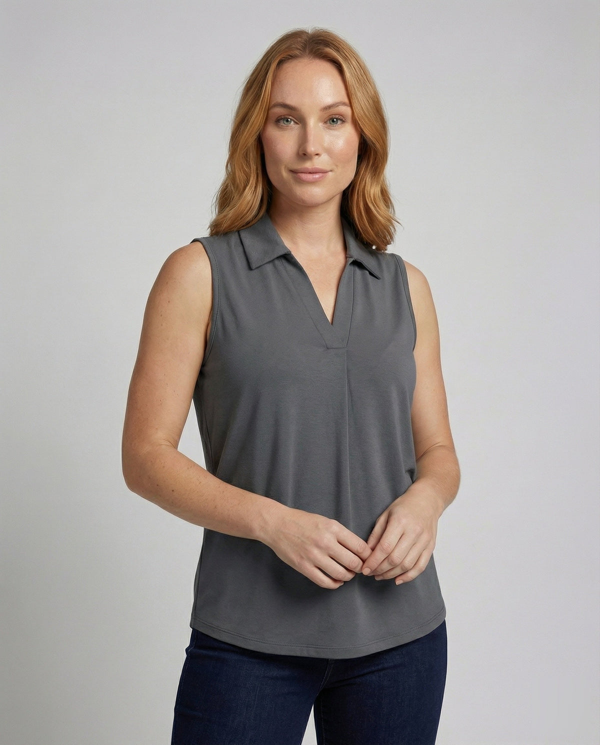 Women’s Polo Blouse Top with Pleat - upper body view