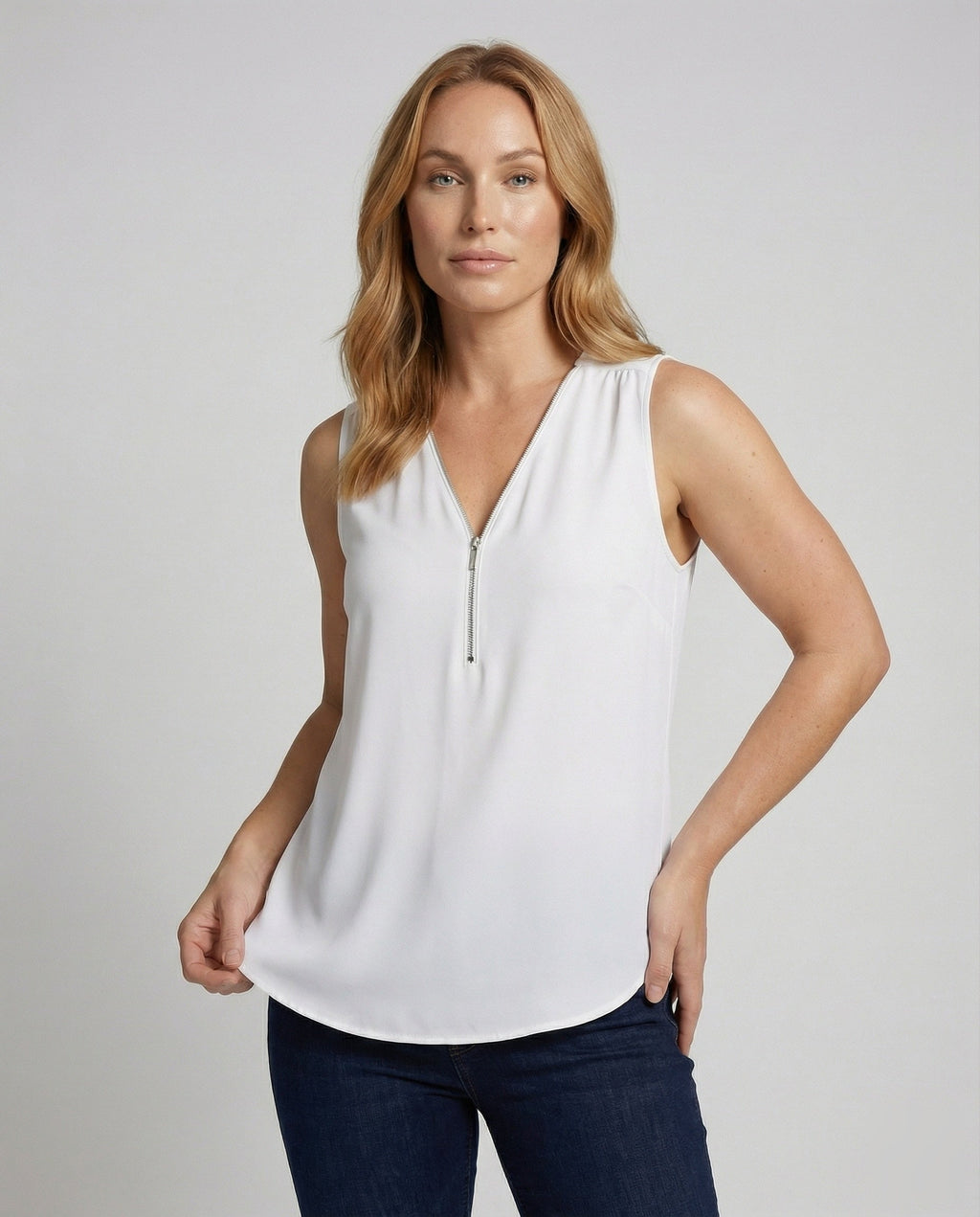 Women's Zip Blouse Top with V-Neck - upper body view