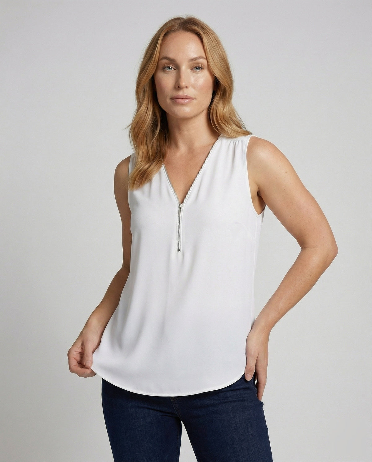 Women's Zip Blouse Top with V-Neck - upper body view