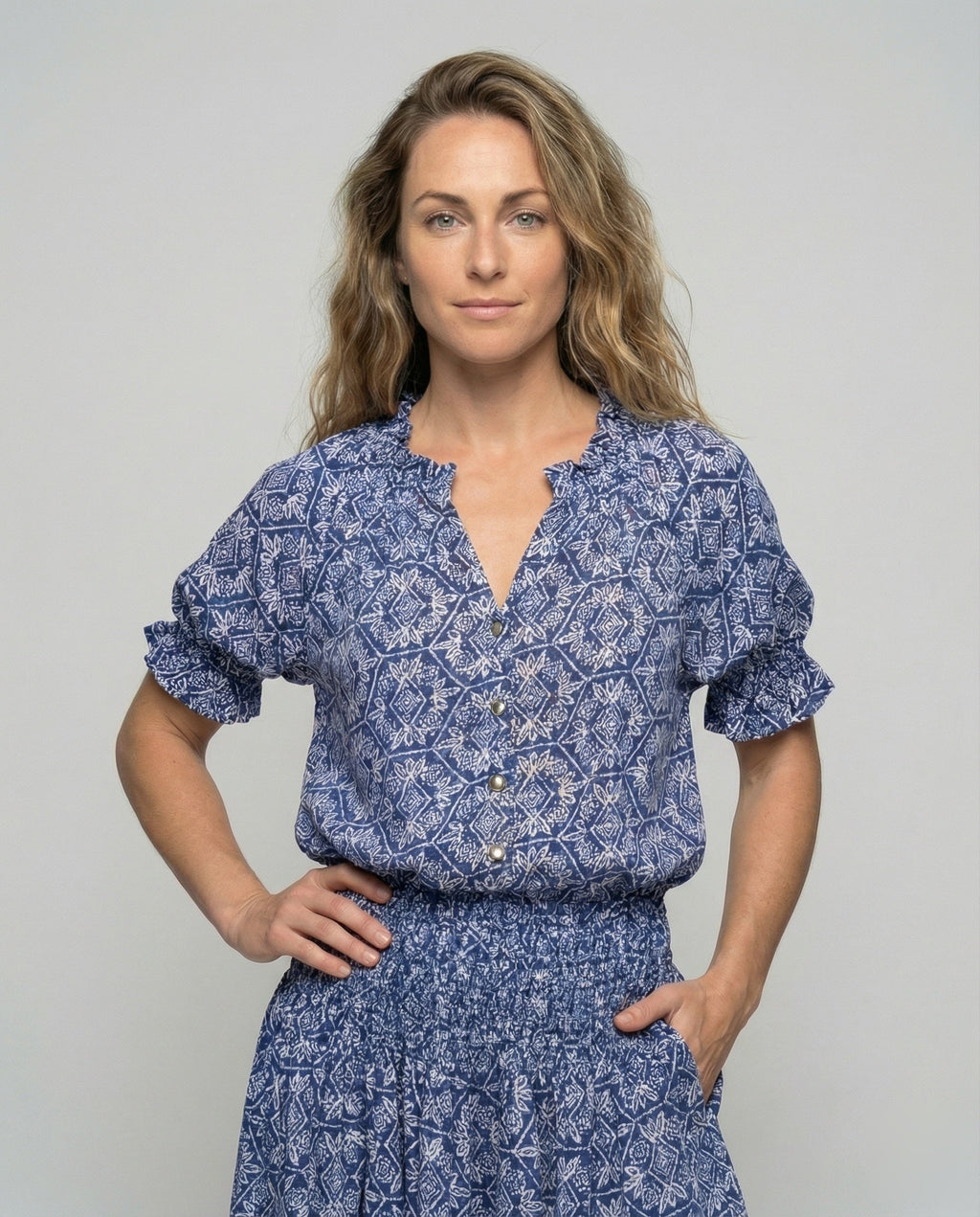 Women's tiered flounce blouse-skirt set - upper body view