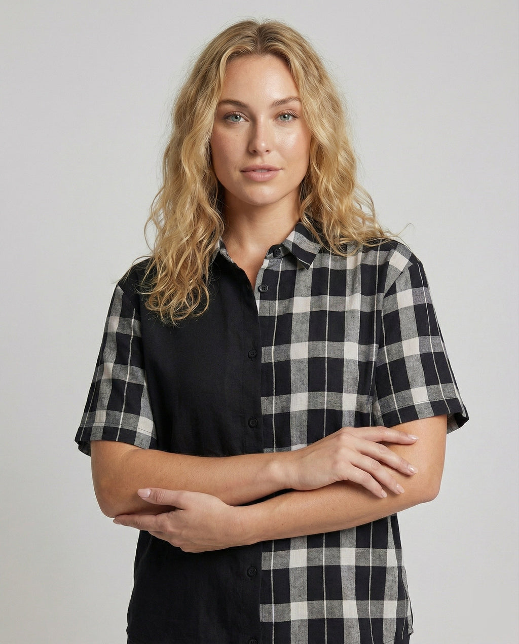 Women Check Mix Oversized Blouse Shirt - upper body view
