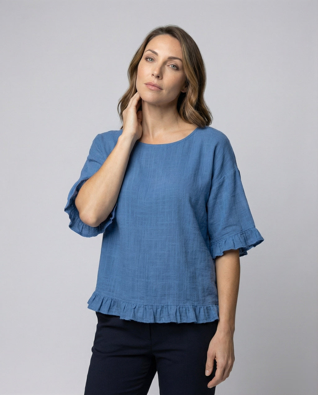 Women's Crinkled Blouse Shirt with Hem Stitches - upper body view