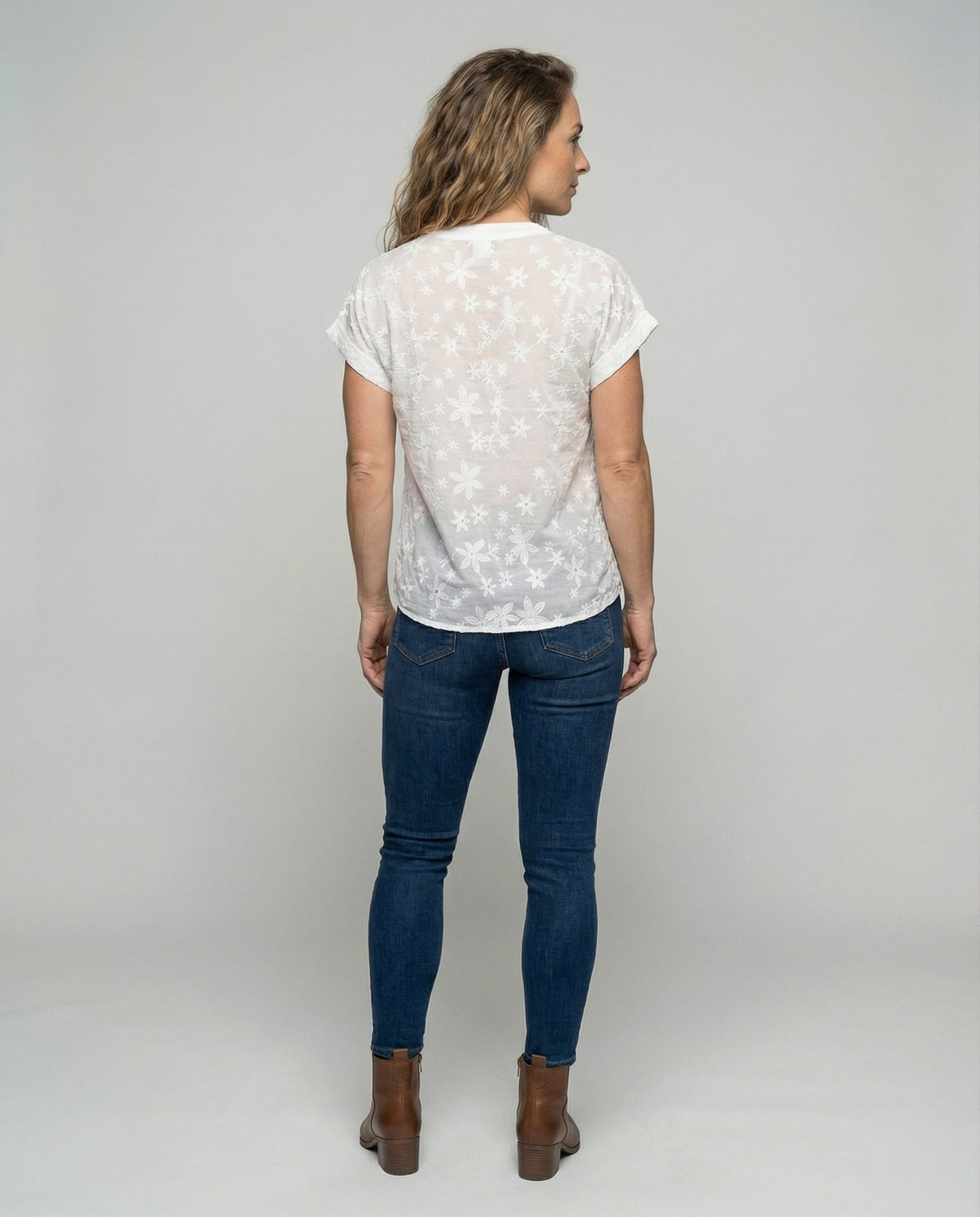 Women Flower Jacquard V-Neck Blouse Shirt - back view