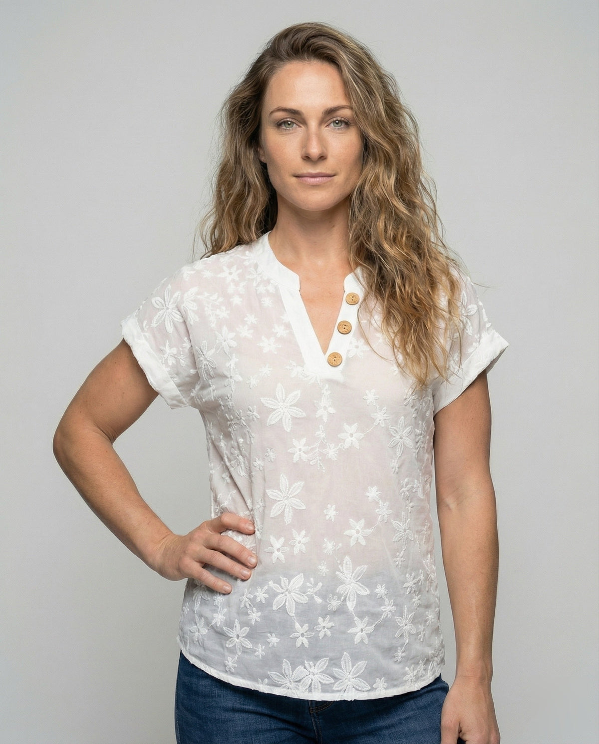 Women Flower Jacquard V-Neck Blouse Shirt - upper body view