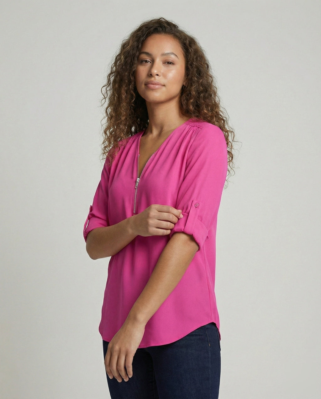 Women Zipper V-Neck Blouse Shirt - upper body view