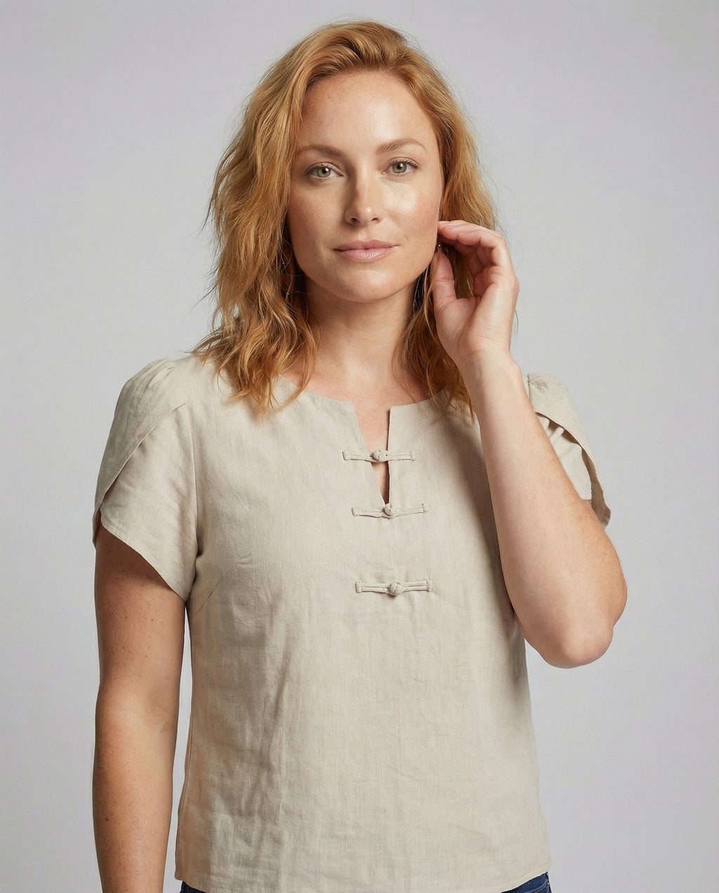 Women Wing Sleeve Mandarin Neck Blouse Top - upper body view