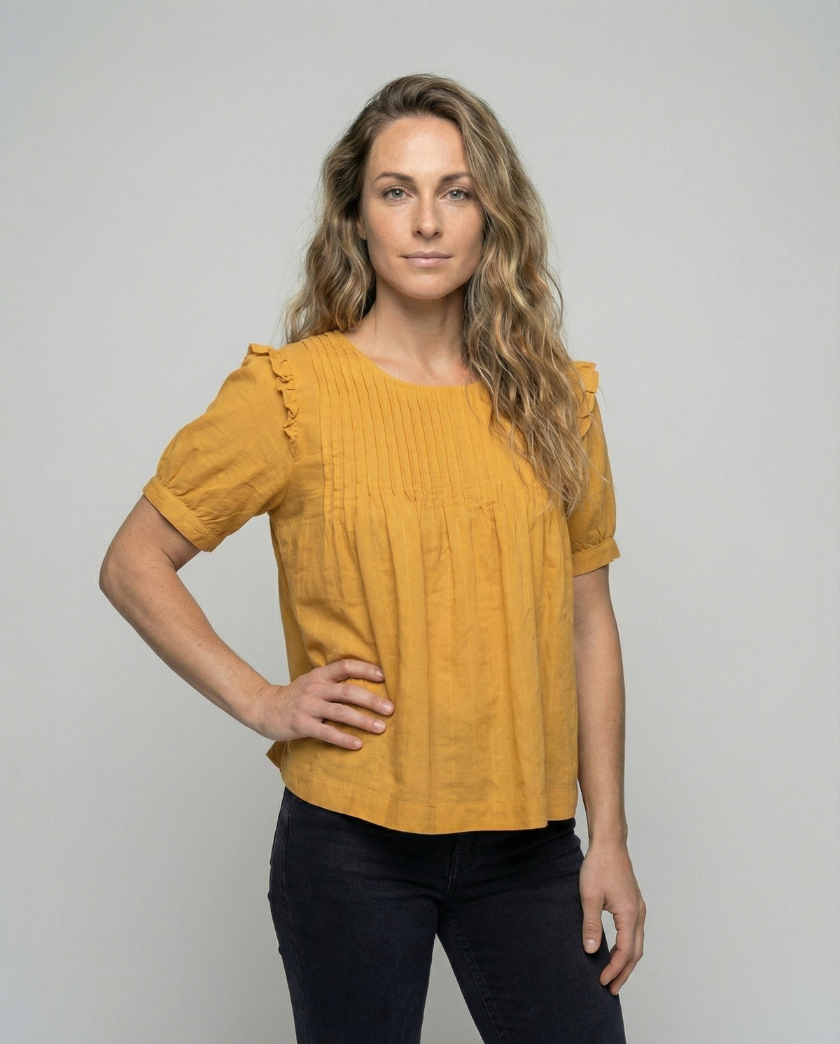 Women Piped Ruffle Blouse Tunic - upper body view