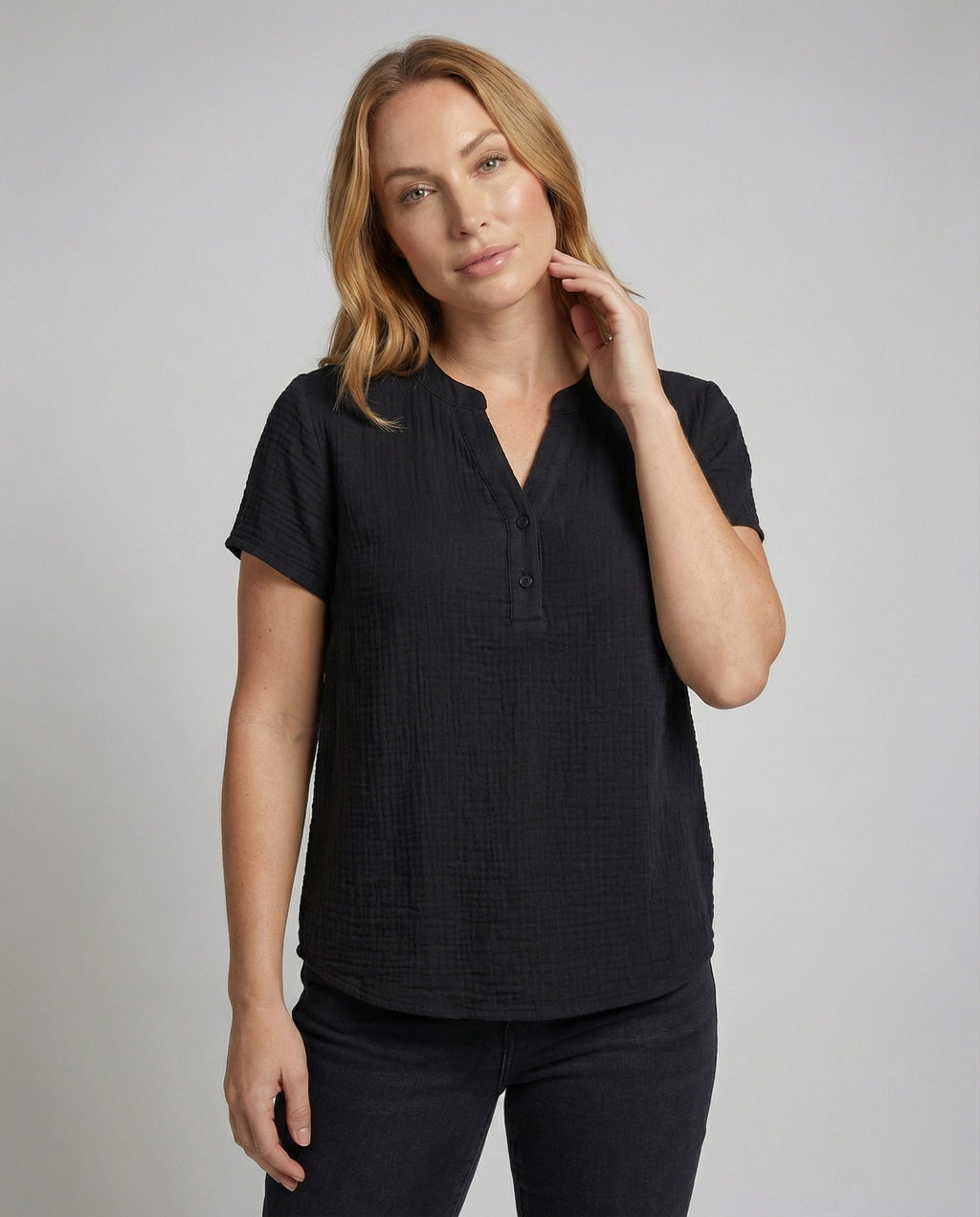 Ladies Muslin Short Button Blouse Shirt - upper body view