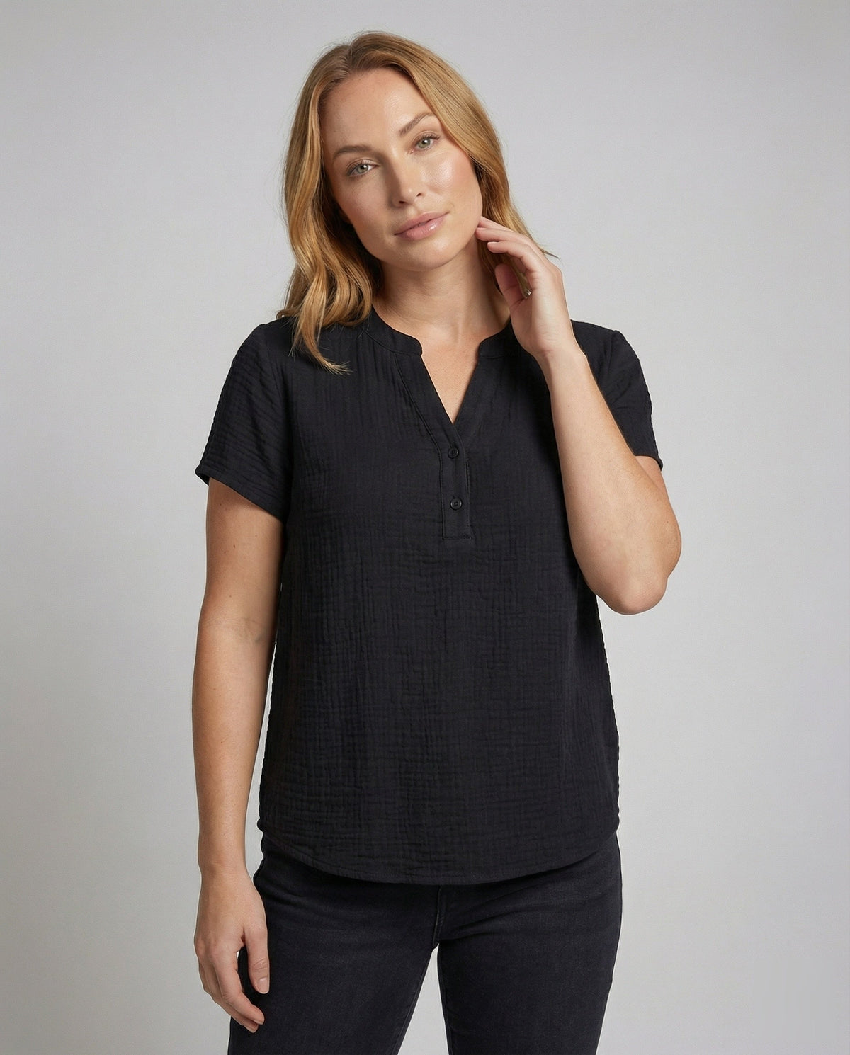 Ladies Muslin Short Button Blouse Shirt - upper body view