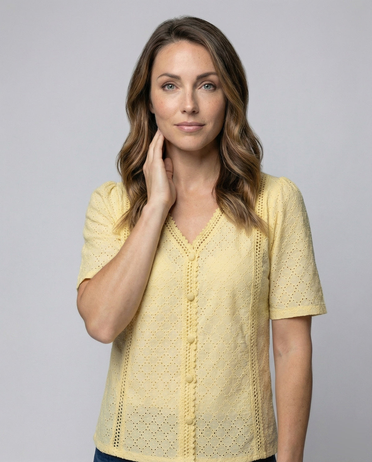 Ladies perforated pattern A-line blouse top - upper body view