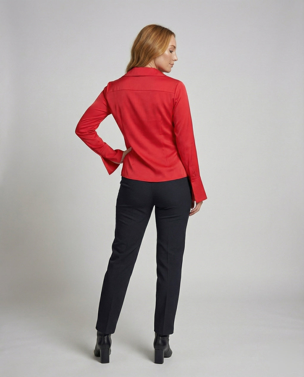 Women's satin look blouse jacket with deep V-neck, decorative ties at the front and flared cuffs All Fashion - back view