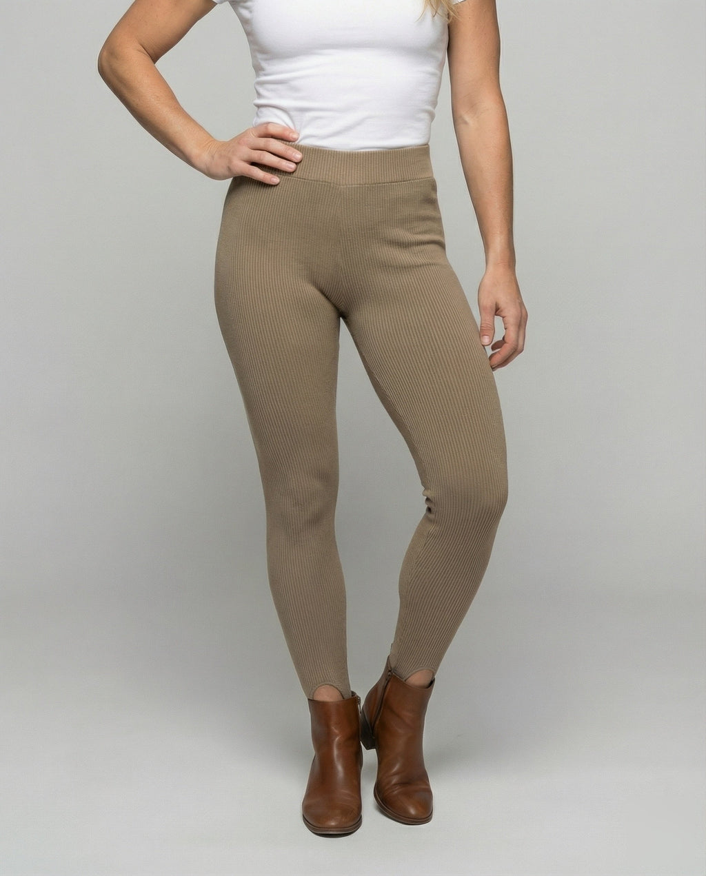 Women’s high-cut ribbed knit leggings with front foot slit and elastic comfort waistband All Fashion - lower body view