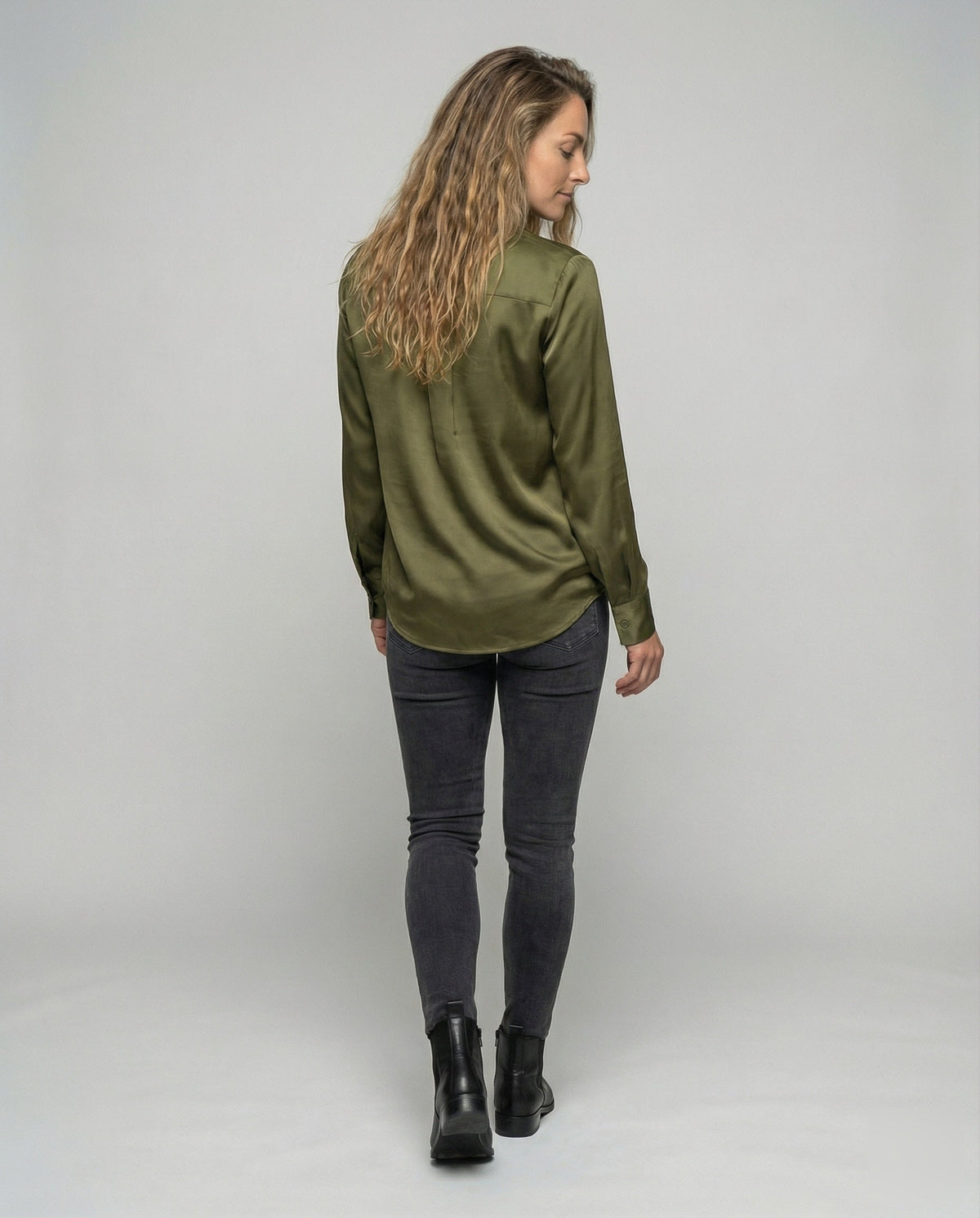 Ladies' non-silk flowing blouse tunic with deep V-neck and elegant draping All Fashion - back view