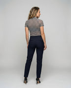 Women’s tailored short-sleeve blouse top with houndstooth, gathered V-neck and mesh sleeves All Fashion - back view