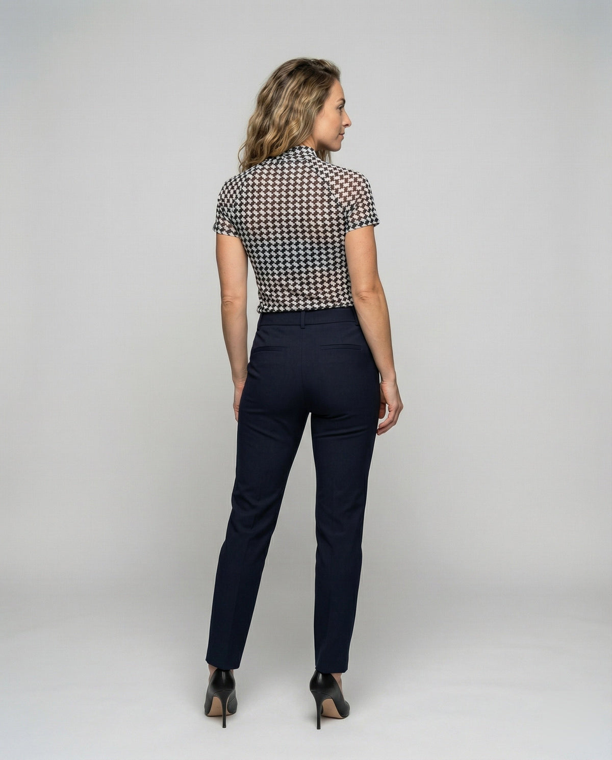Women’s tailored short-sleeve blouse top with houndstooth, gathered V-neck and mesh sleeves All Fashion - back view